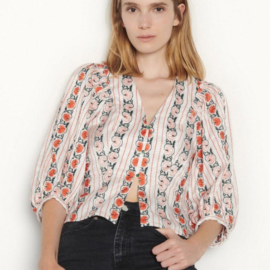 Holiday Special Sandro Floral Embroidered Puff Sleeve Top Blouse